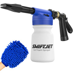 SwiftJet foam gun front view showing ergonomic grip and easy connection for faster washes