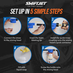 SwiftJet foam gun side view connected to garden hose for pressure-free foam blasting