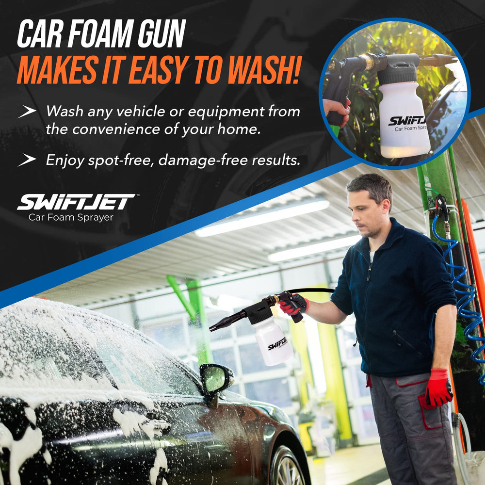 SwiftJet foam covering car door to loosen grime, reduces scratch risk during wash