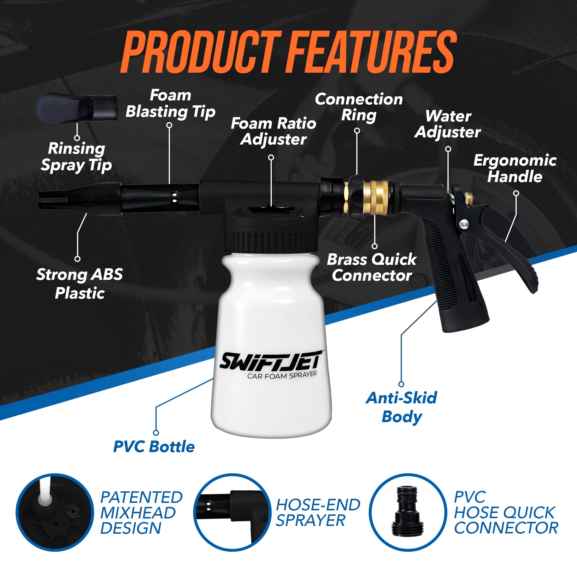 SwiftJet foam reservoir label and fill level visible, helps accurate soap mixing