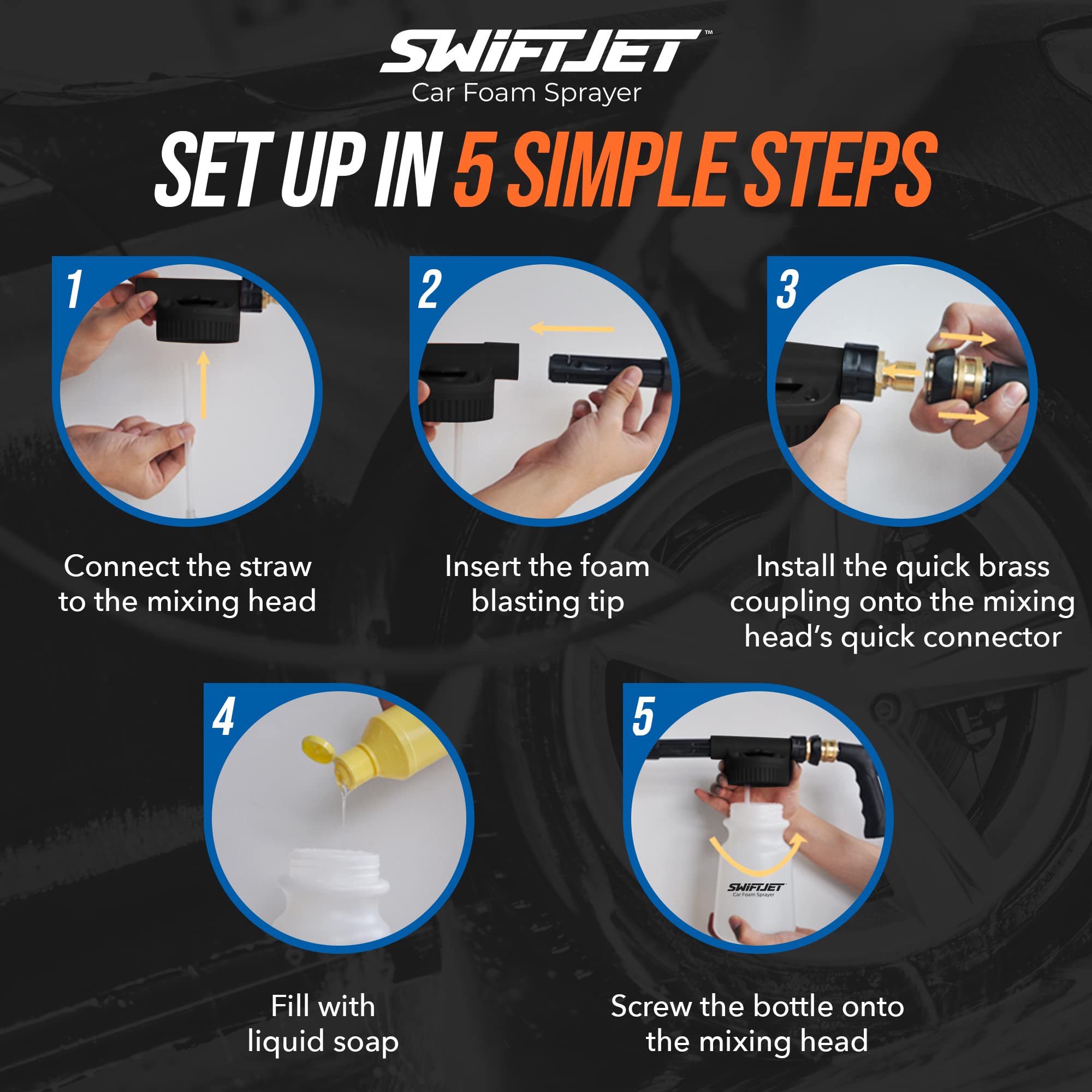 SwiftJet producing thick foam spray across car, increases soap cling for safer cleaning