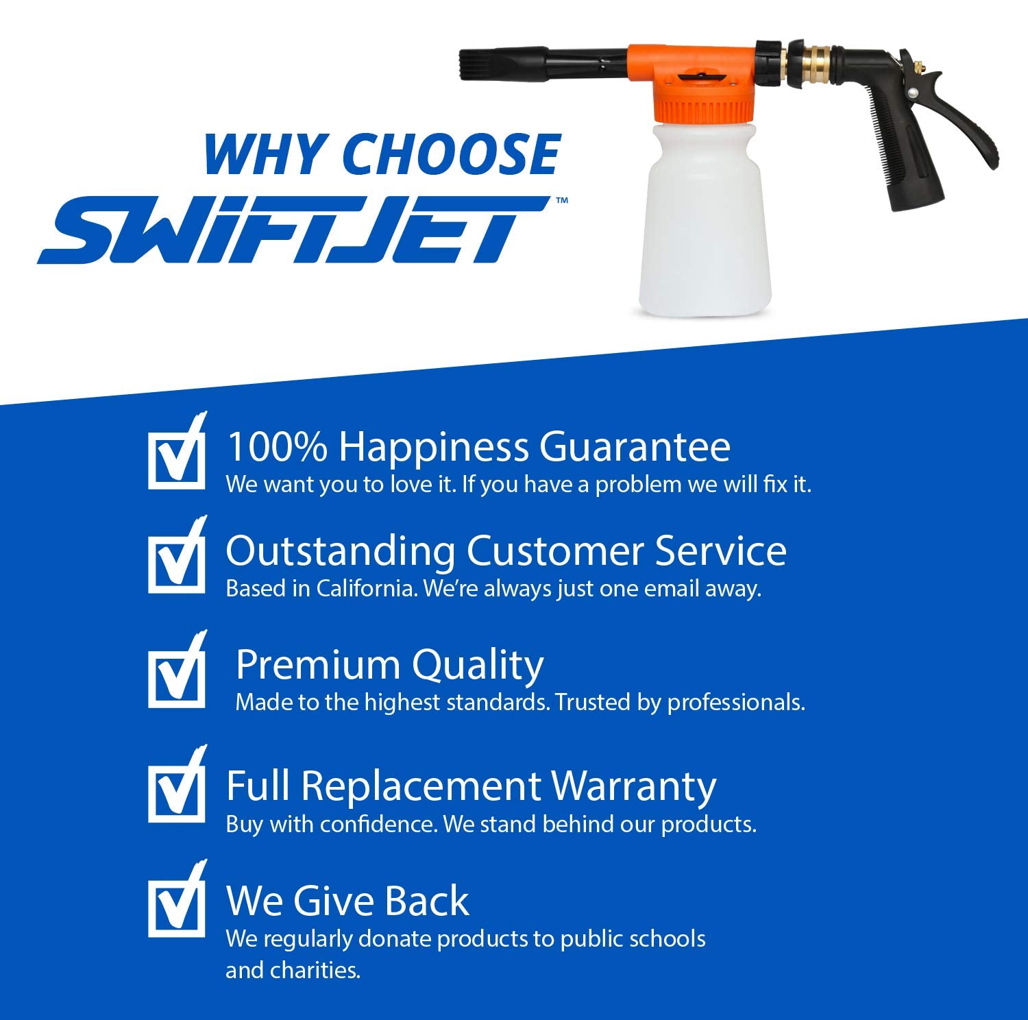 SwiftJet foam gun in driveway lifestyle scene showing faster, fun car washes