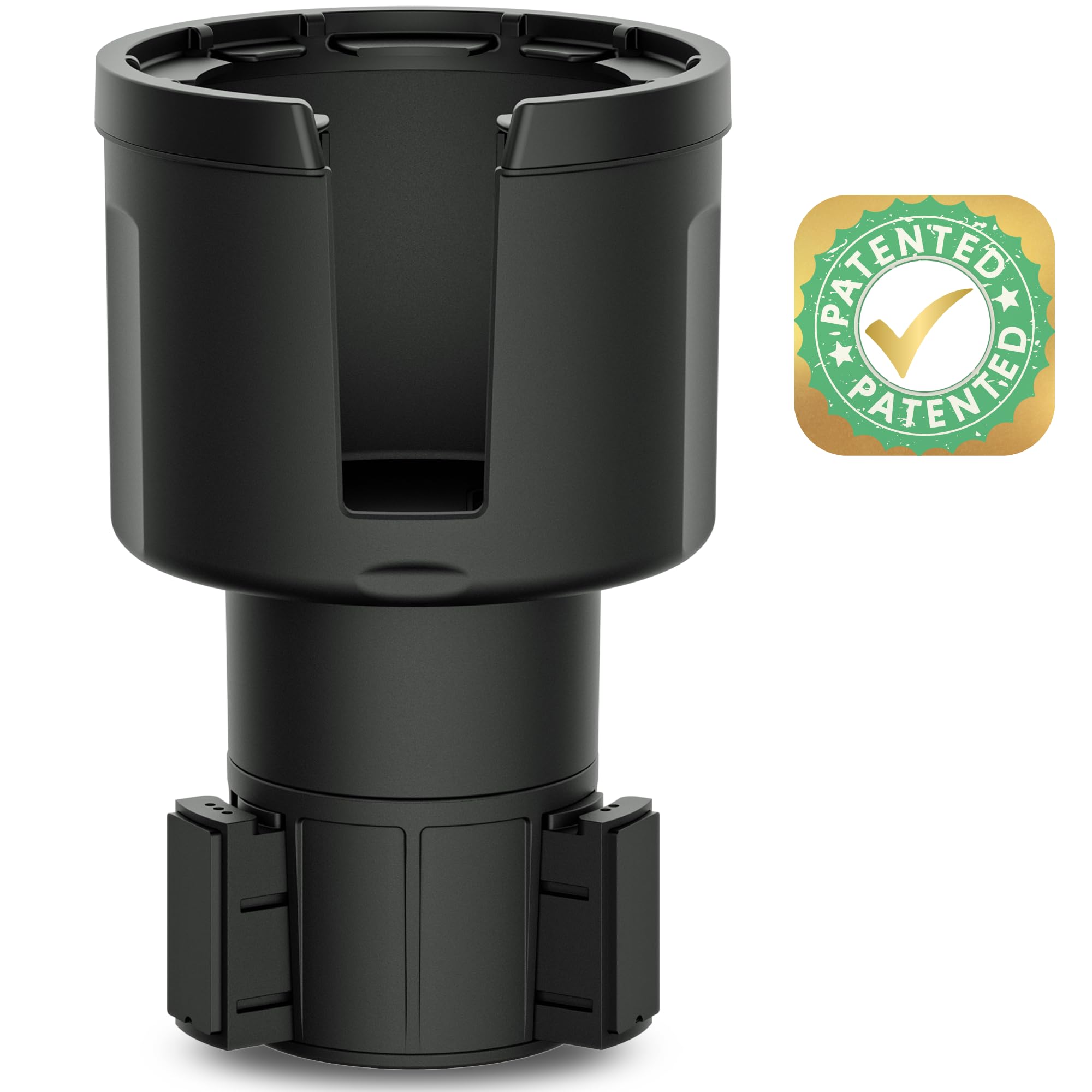 Swigzy front view of black cup holder expander showing sturdy profile and easy install