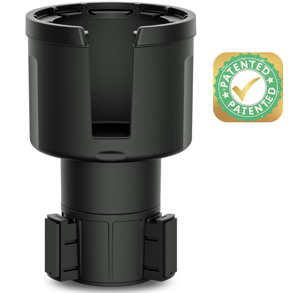 Swigzy front view of black cup holder expander showing sturdy profile and easy install