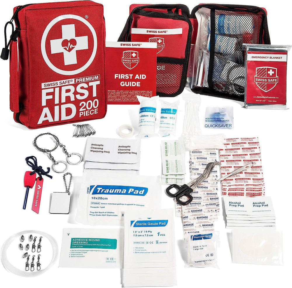 Swiss Safe front view of compact first aid kit showing durable case and zipper for easy transport