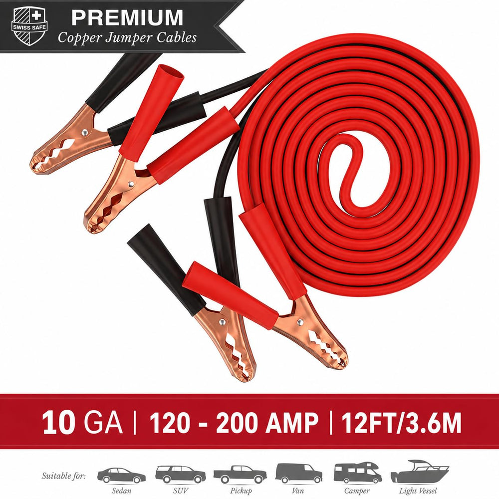 Swiss Safe heavy-duty jumper cables close-up for reliable battery starts