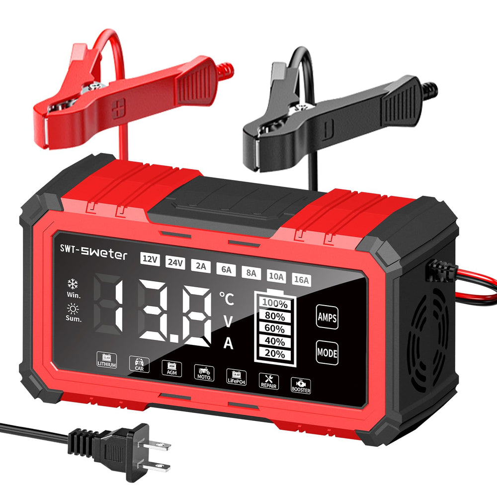 SWTsweter front panel LCD showing charge info and safety icons for quick monitoring