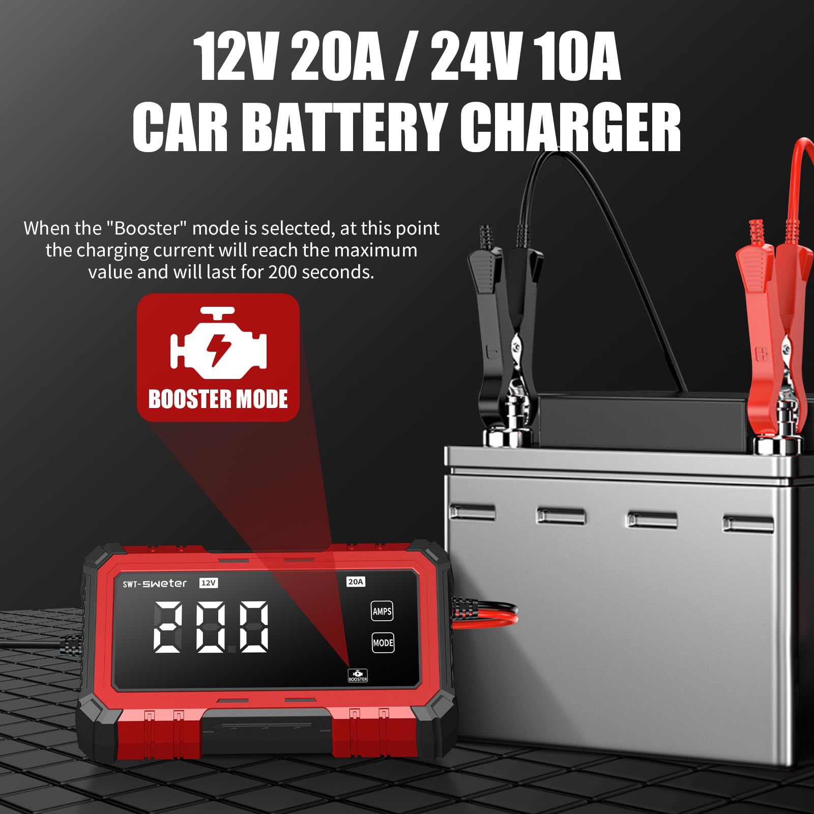 SWTsweter connected to car battery demonstrating fast charging performance