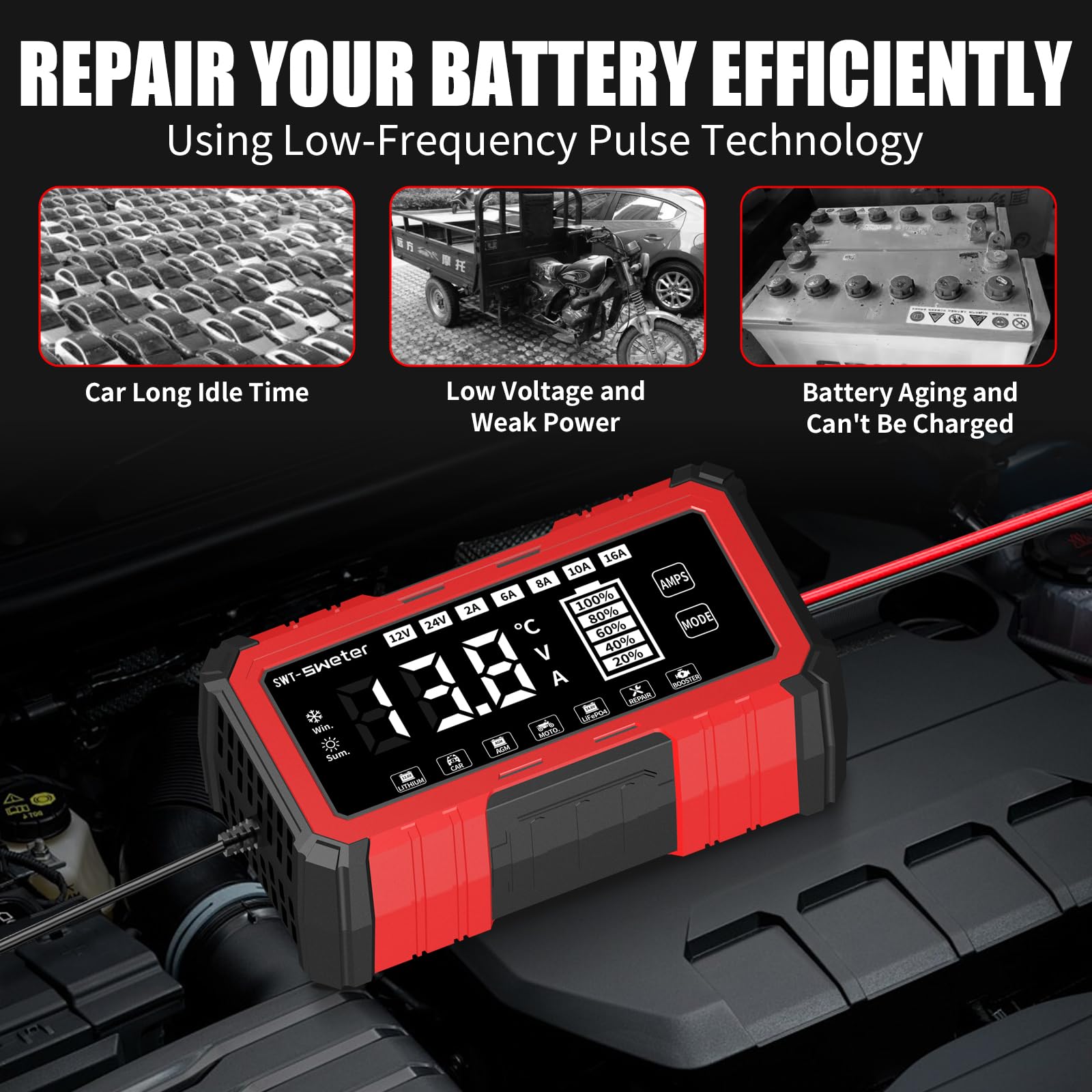 SWTsweter pulse repair mode graphic indicating desulfation to extend battery life