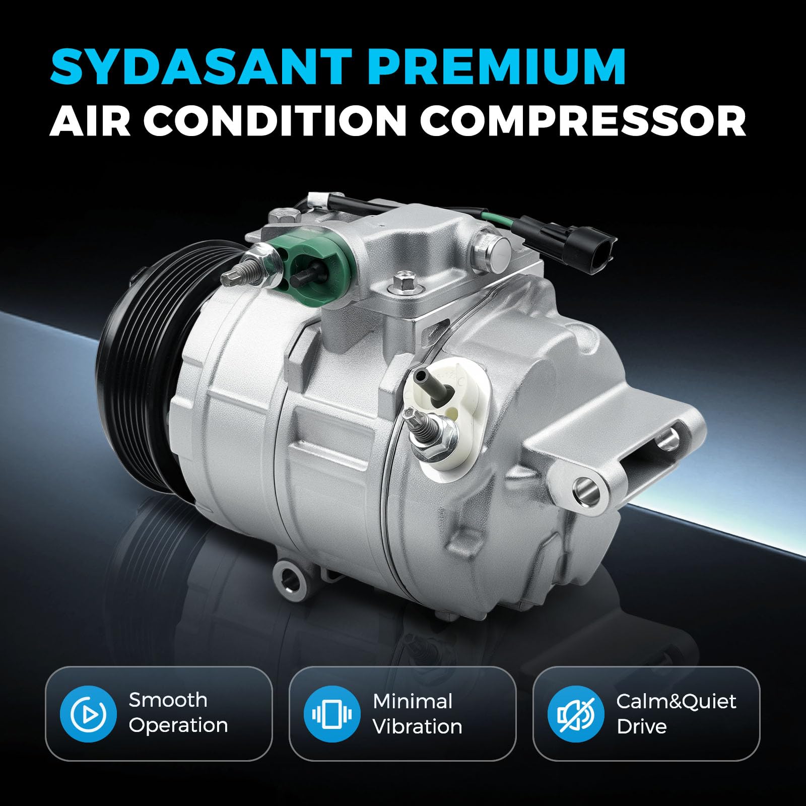 Sydasant compressor mounted in engine bay illustrating direct-fit installation