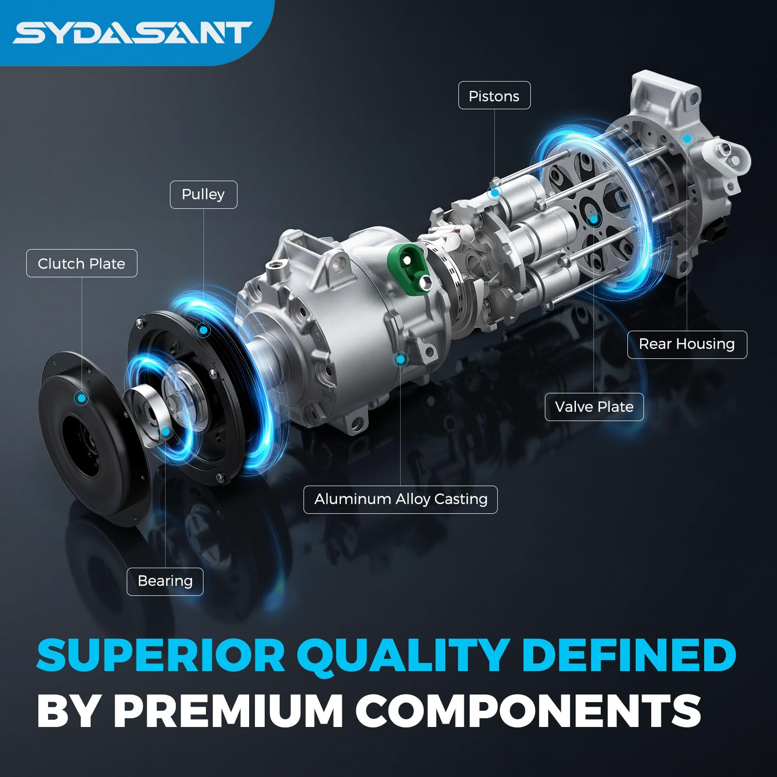 Sydasant oil fill port view indicating prefilled PAG46 oil convenience