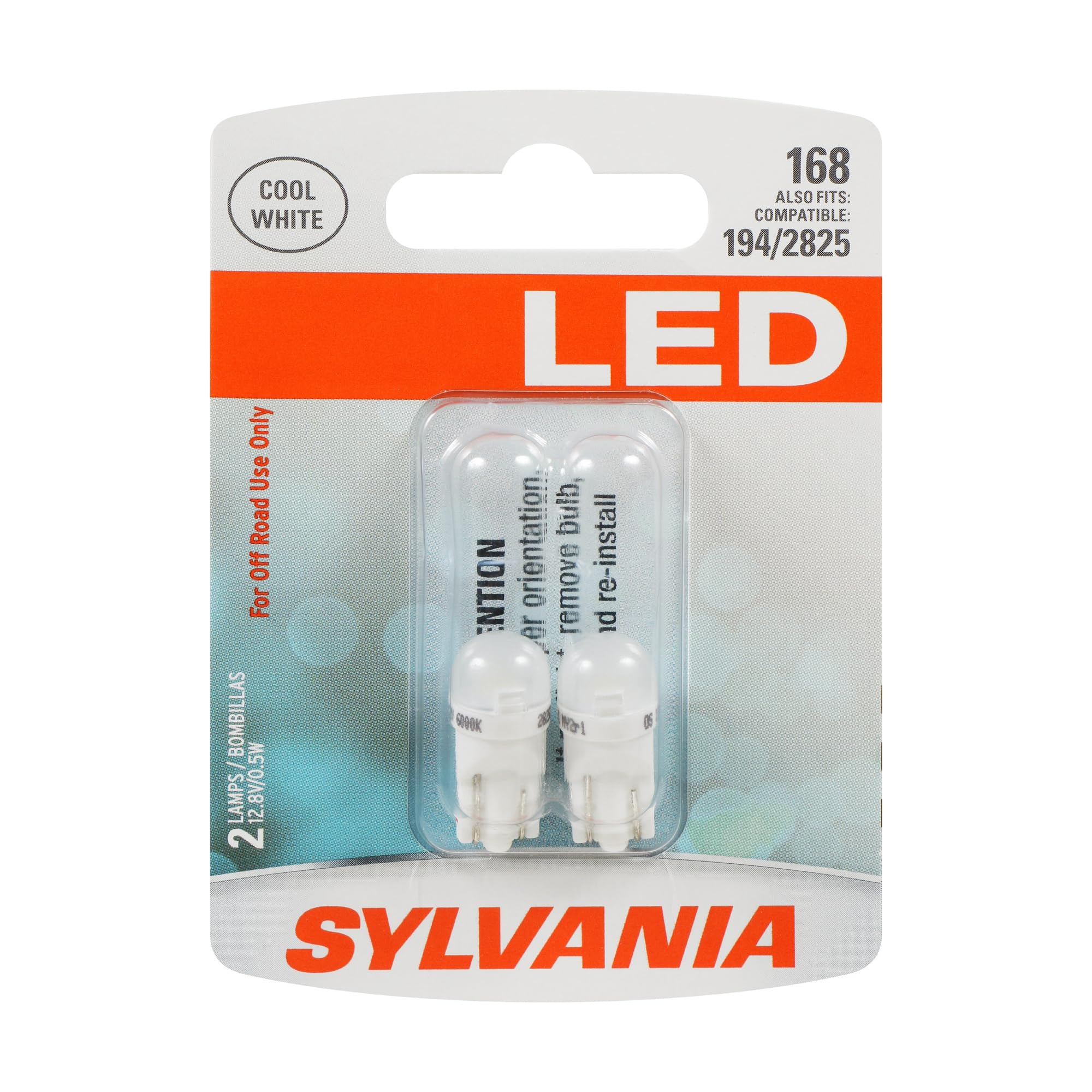 SYLVANIA 168 T10 W5W front packaging showing two white LED bulbs and benefits