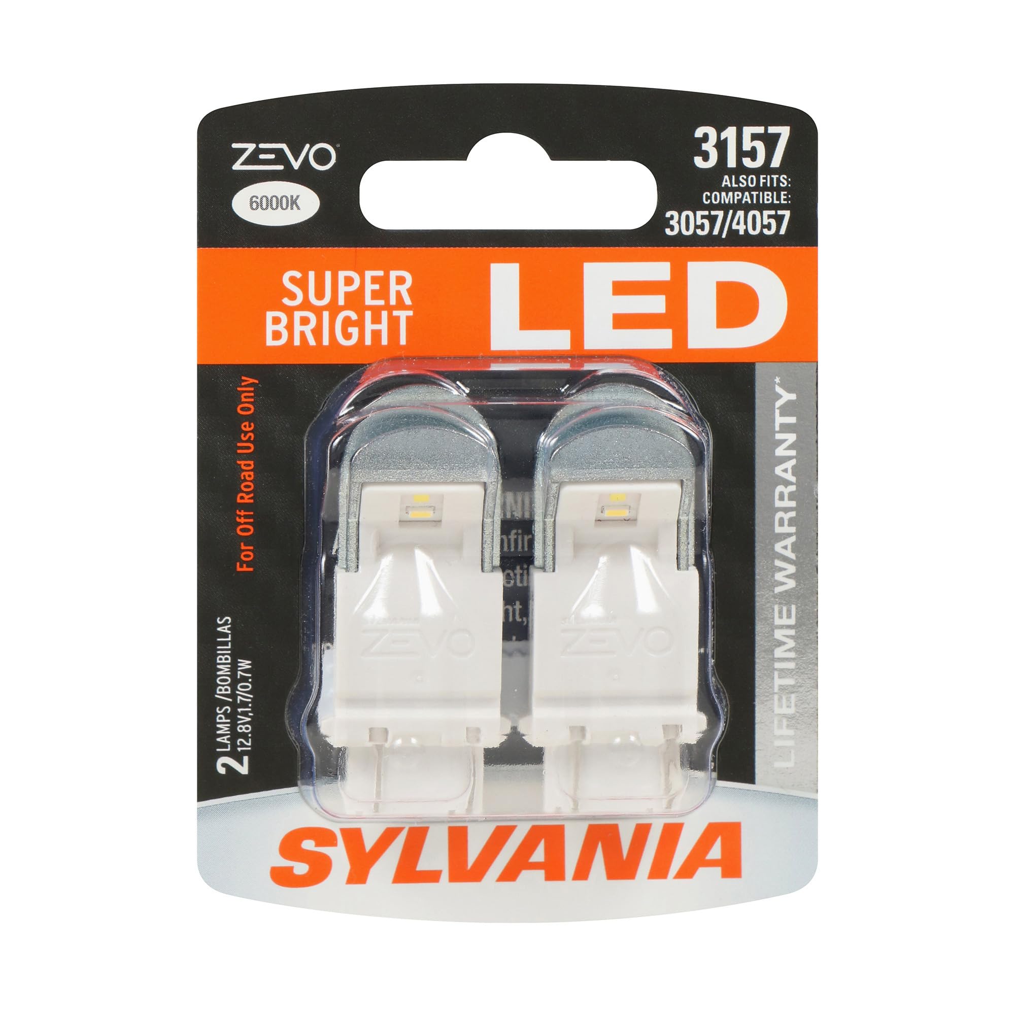 SYLVANIA front packaging showing 3157 ZEVO bulbs and clear product benefits