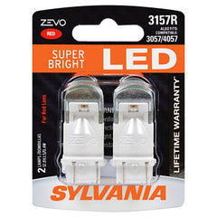 SYLVANIA 3157 ZEVO front view showing bright red LEDs and clear housing for visibility