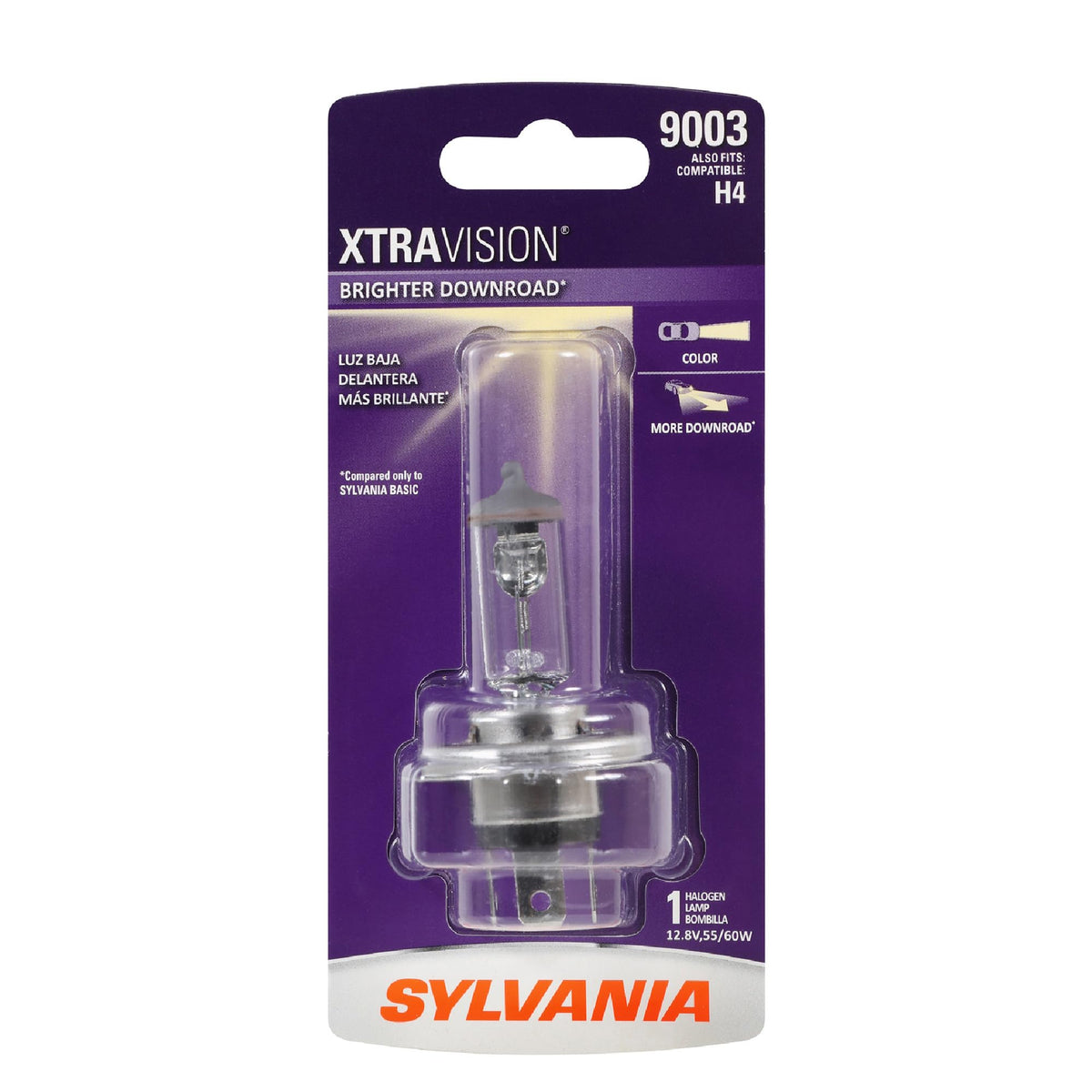 SYLVANIA 9003 XtraVision front view showing bulb shape and clarity, improves visibility
