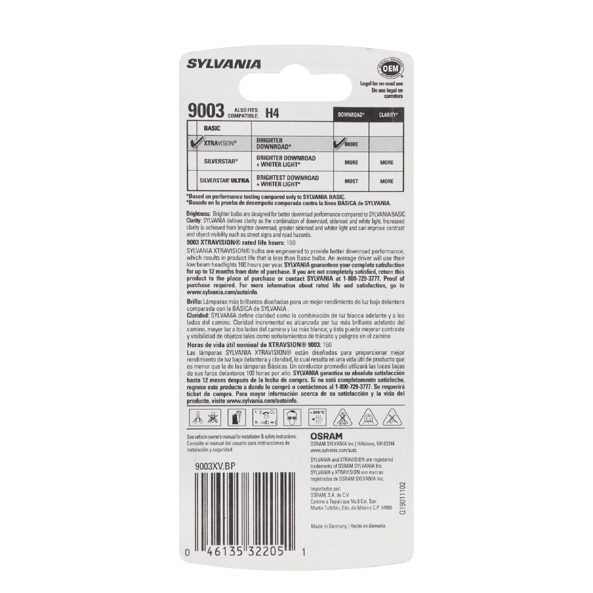 SYLVANIA 9003 retail packaging and label, helps confirm correct fit and specs