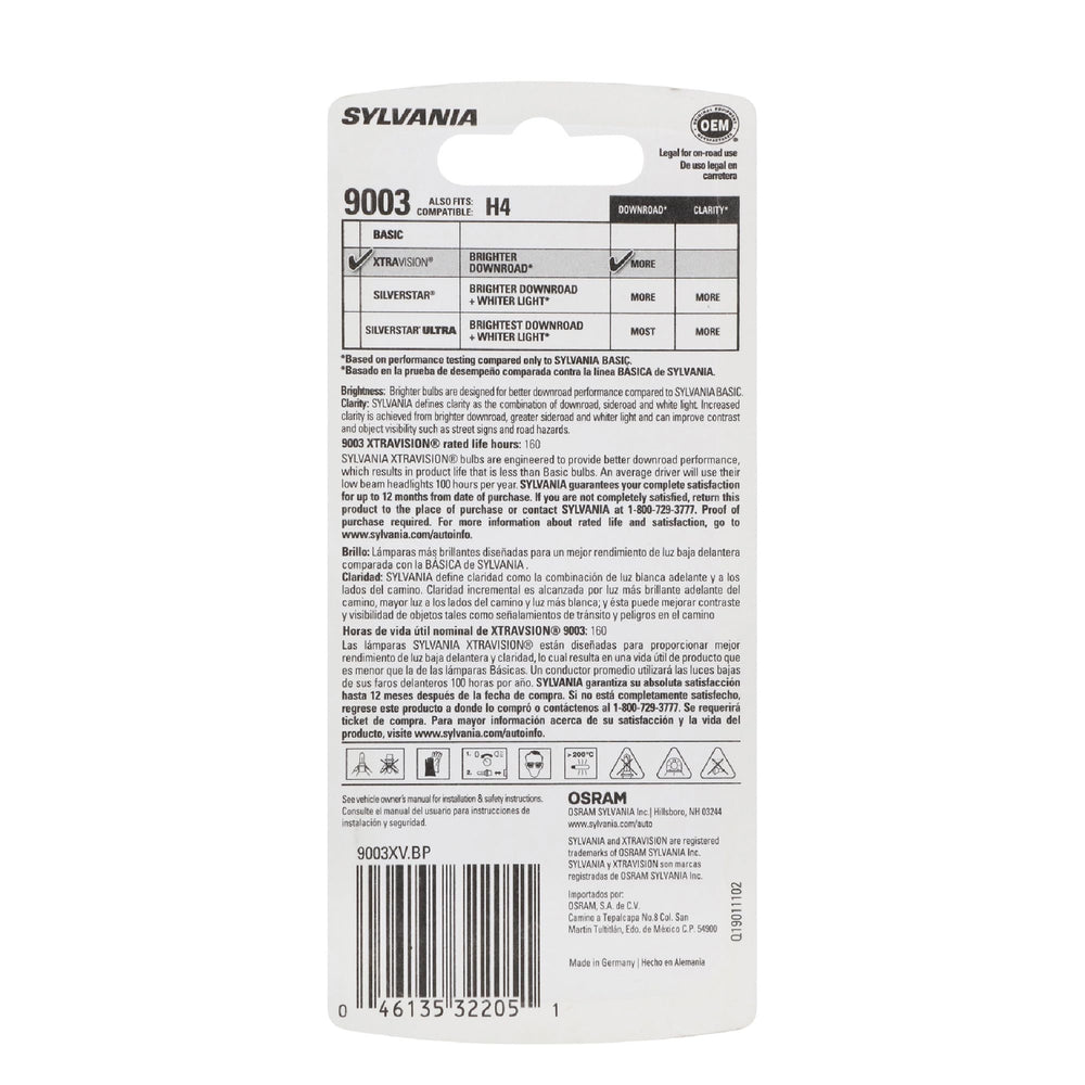SYLVANIA 9003 retail packaging and label, helps confirm correct fit and specs