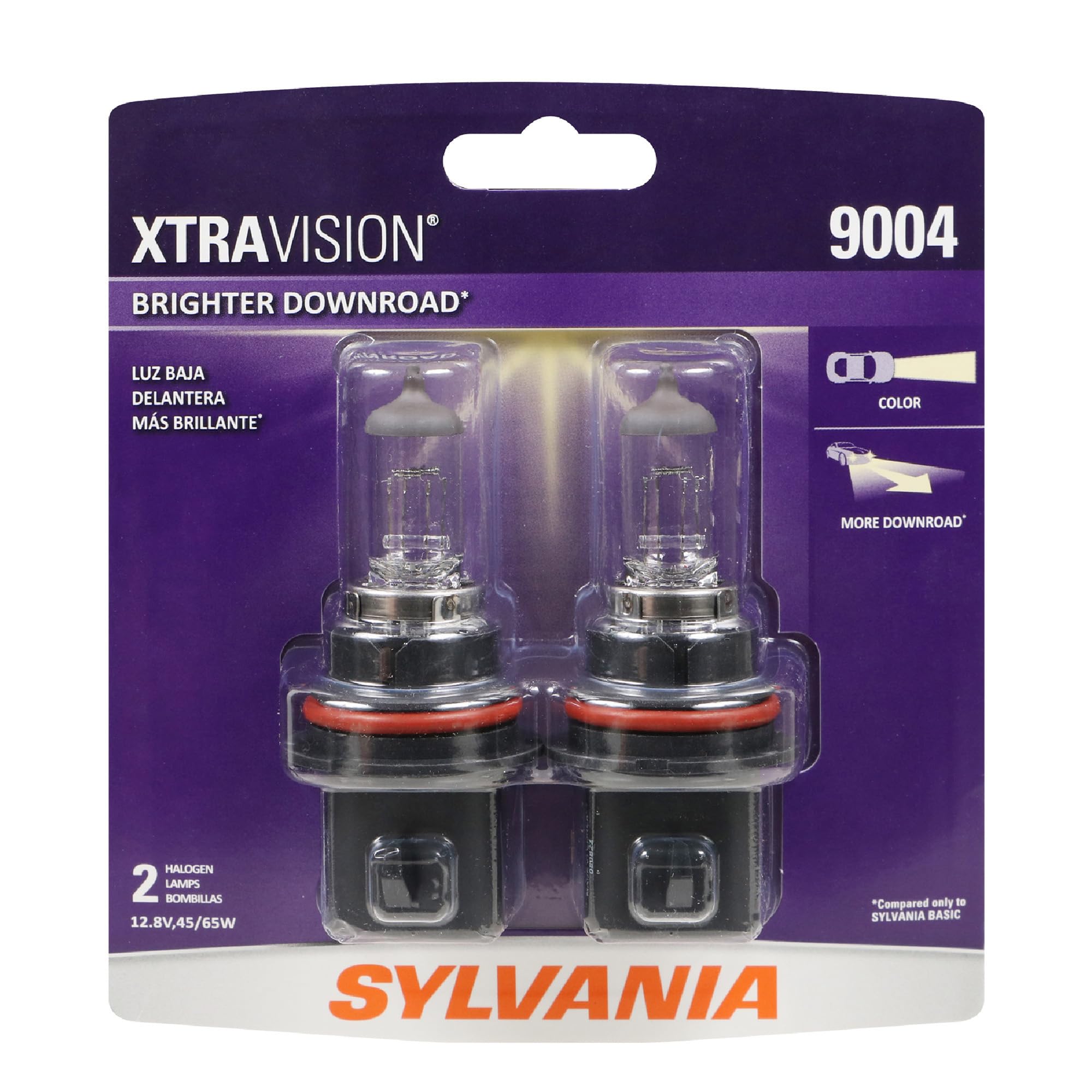 SYLVANIA front-packaging showing two 9004 XtraVision bulbs, clear identification and benefit