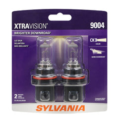 SYLVANIA front-packaging showing two 9004 XtraVision bulbs, clear identification and benefit