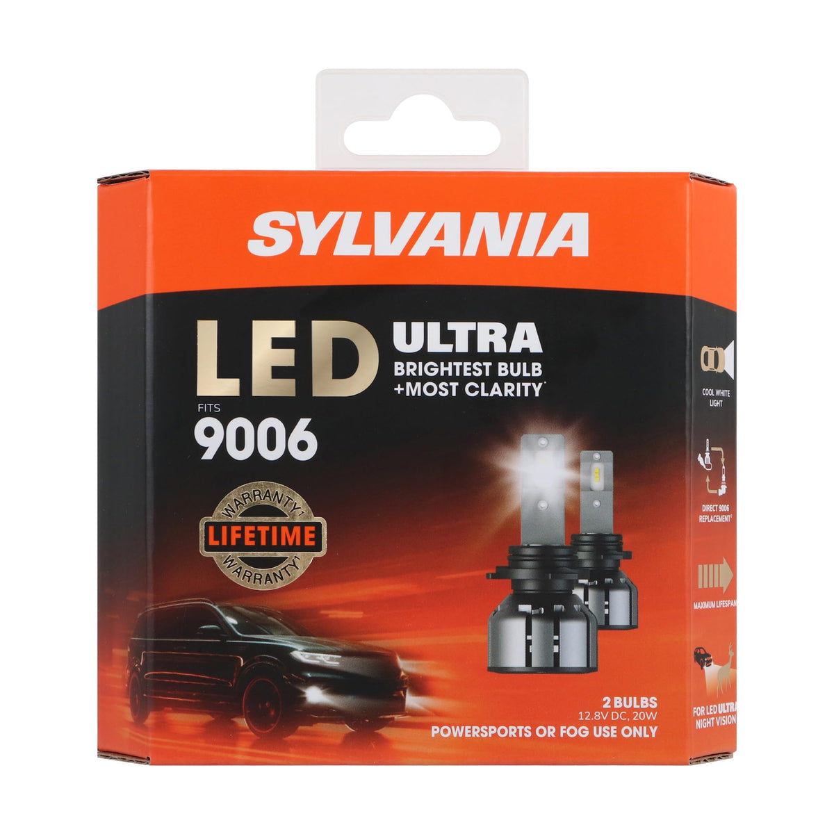 SYLVANIA 9006 front view showing bulb face and clear cool-white benefit