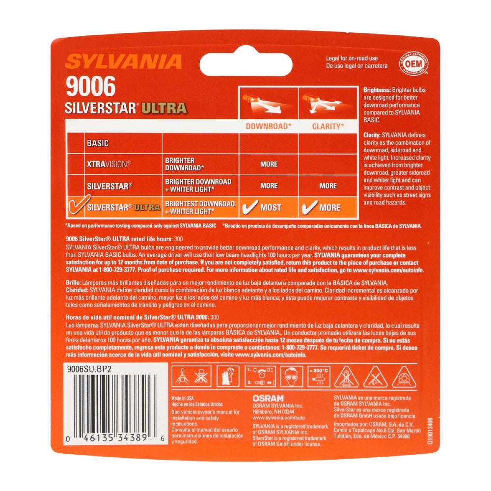 SYLVANIA 9006 SilverStar Ultra retail packaging with two bulbs for matched replacement benefits