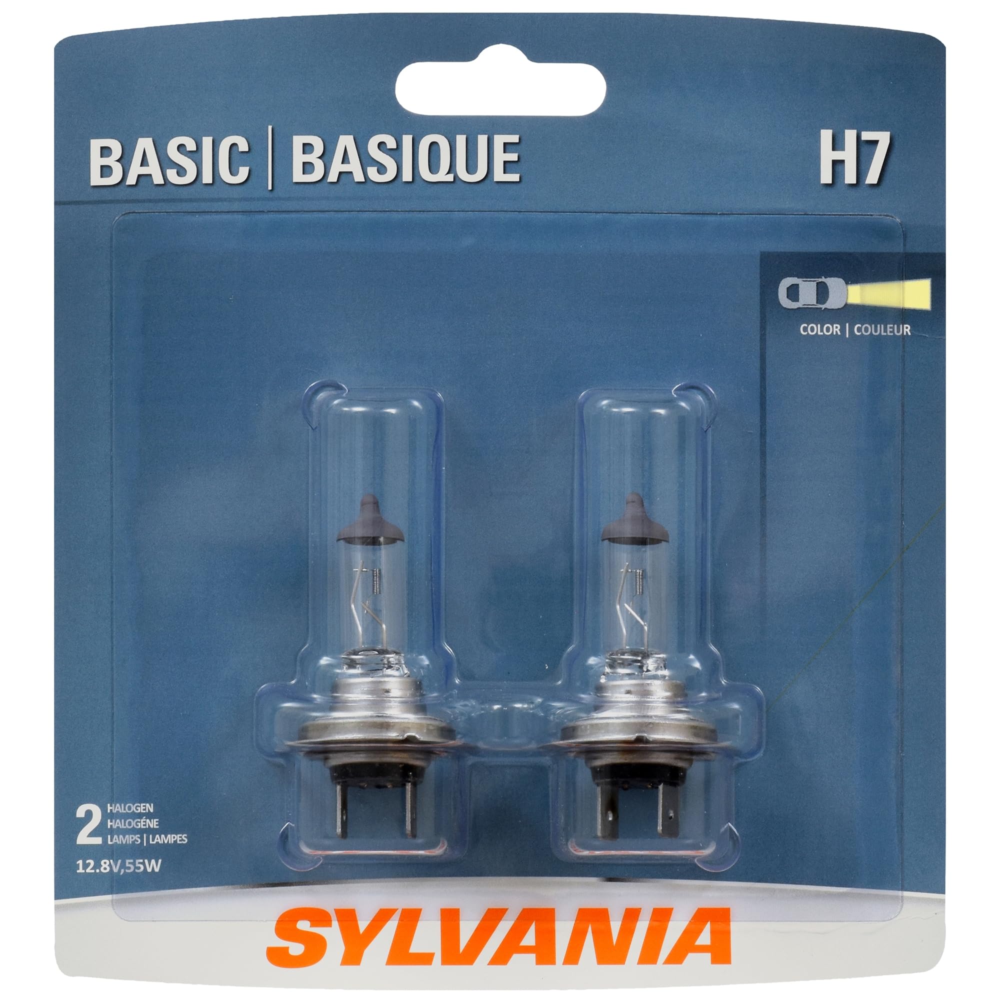 SYLVANIA front packaging view showing two H7 bulbs and DOT compliance benefit