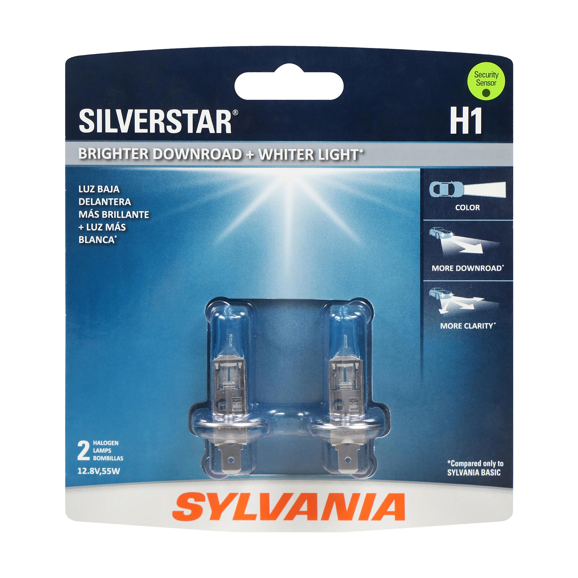 SYLVANIA H1 SilverStar front packaging showing two bulbs and benefits