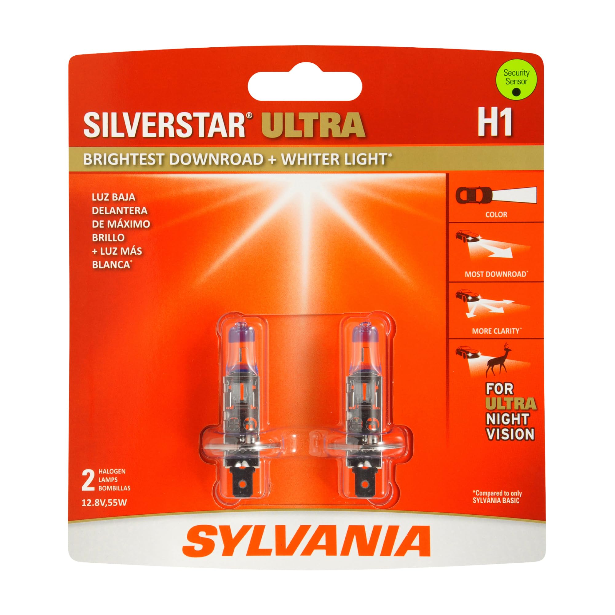 SYLVANIA H1 SilverStar Ultra front packaging showing two bulbs and branding for easy selection