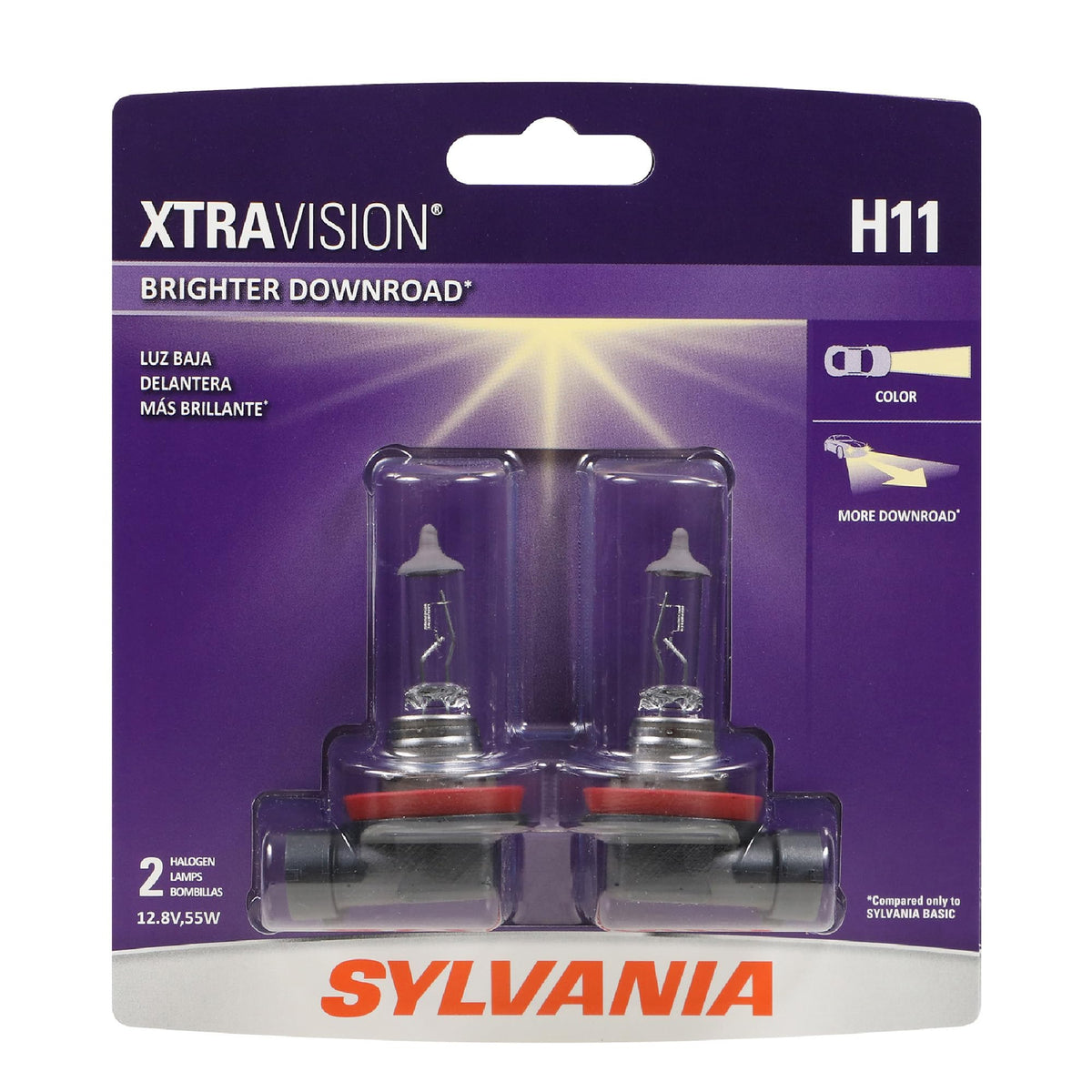 SYLVANIA H11 XtraVision front packaging showing included two bulbs and benefits