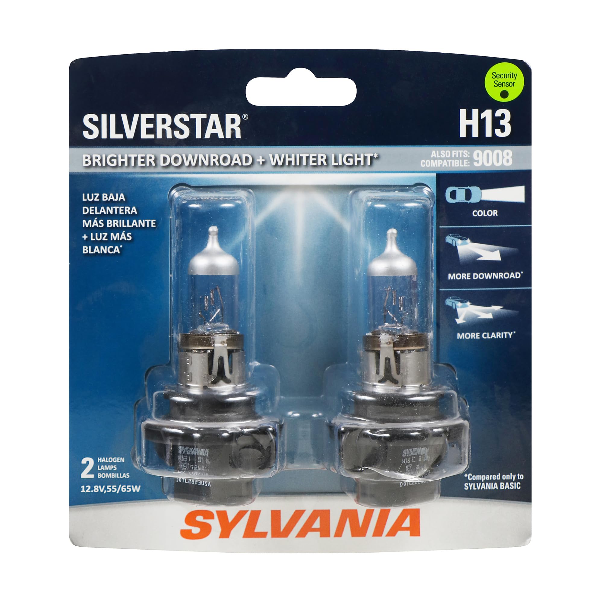 SYLVANIA H13 SilverStar front packaging showing product and benefits