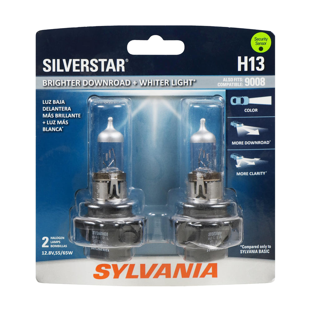 SYLVANIA H13 SilverStar front packaging showing product and benefits