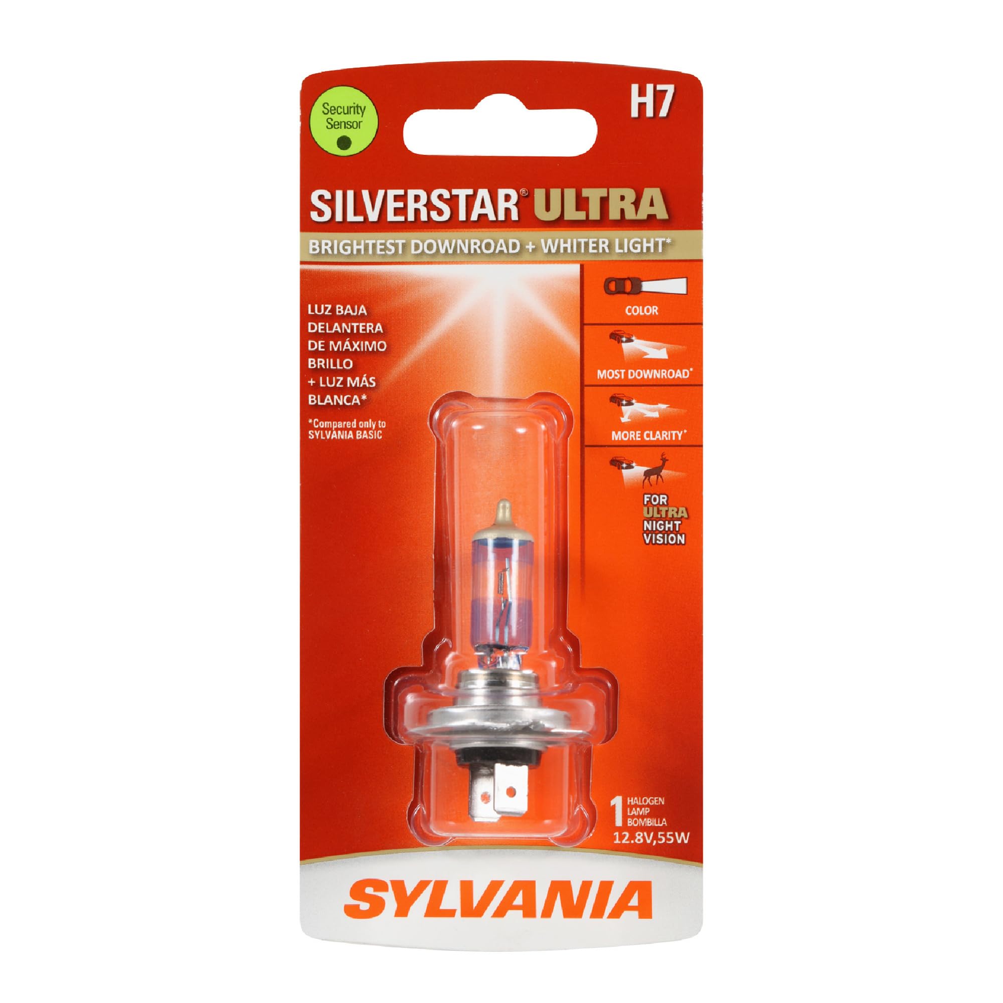 SYLVANIA H7 SilverStar Ultra front packaging showing bulb and benefits