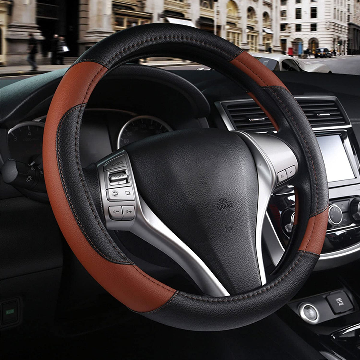 szttswamp front view brown steering wheel cover showing fit and style benefits
