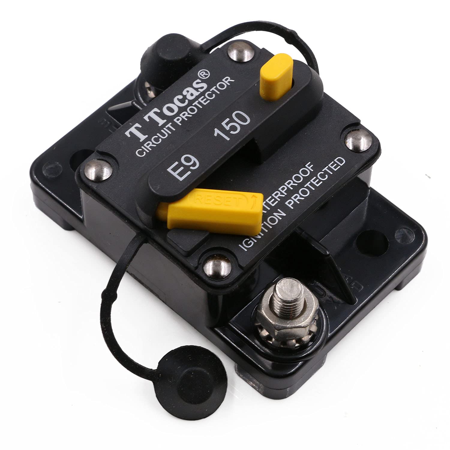 T Tocas E9 front panel view showing compact breaker and studs for secure connection