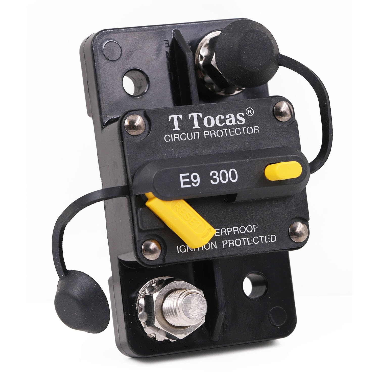 T Tocas E9 front view showing reset switch and studs, benefit quick reset access