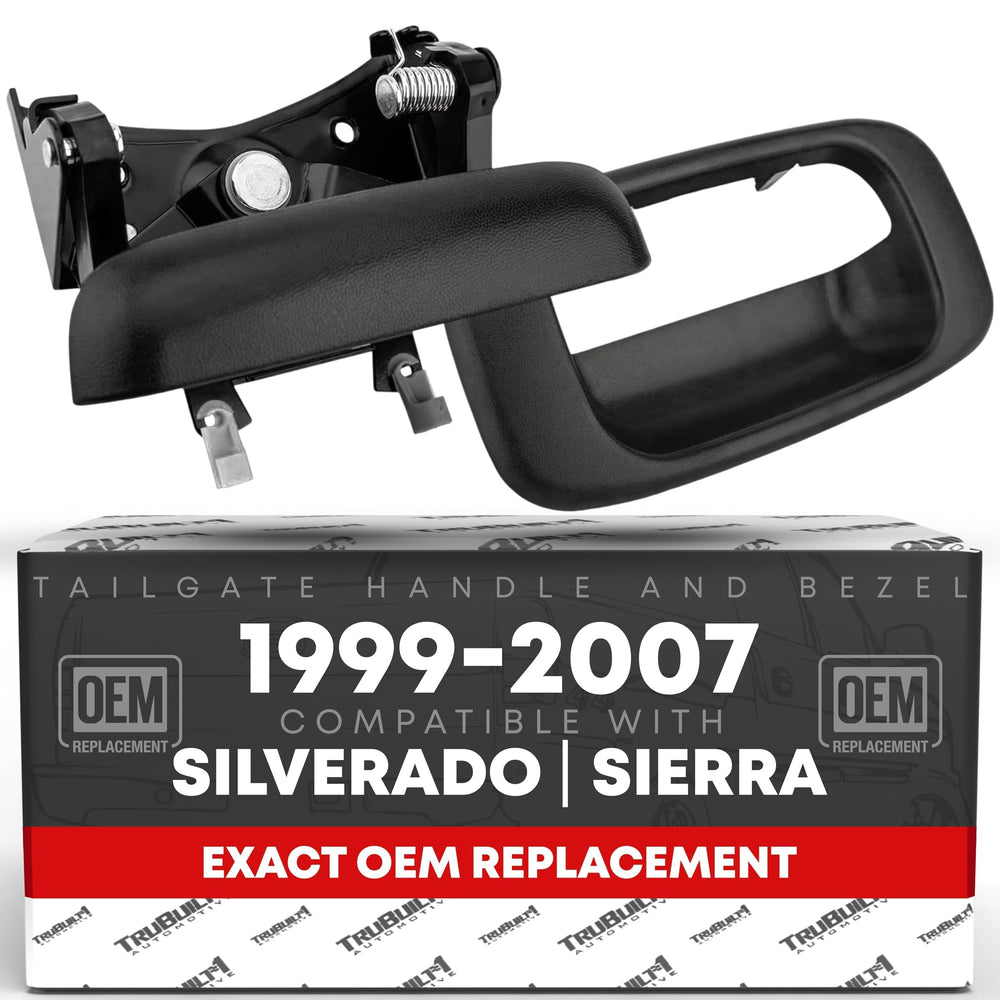 T1A tailgate handle front view showing smooth black finish and factory fit