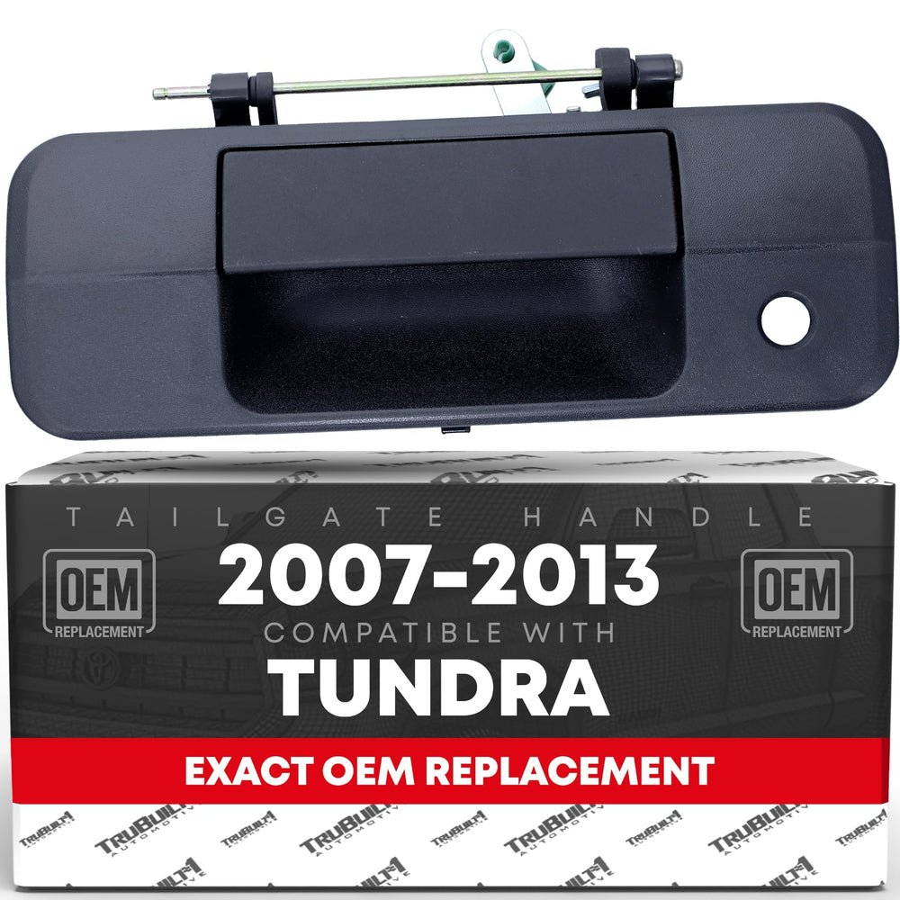 T1A tailgate handle front view showing mounting points and textured black finish benefit: precise OEM fit