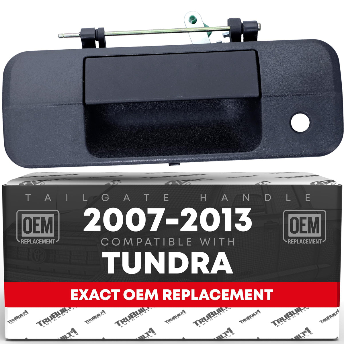 T1A tailgate handle front view showing mounting points and textured black finish benefit: precise OEM fit