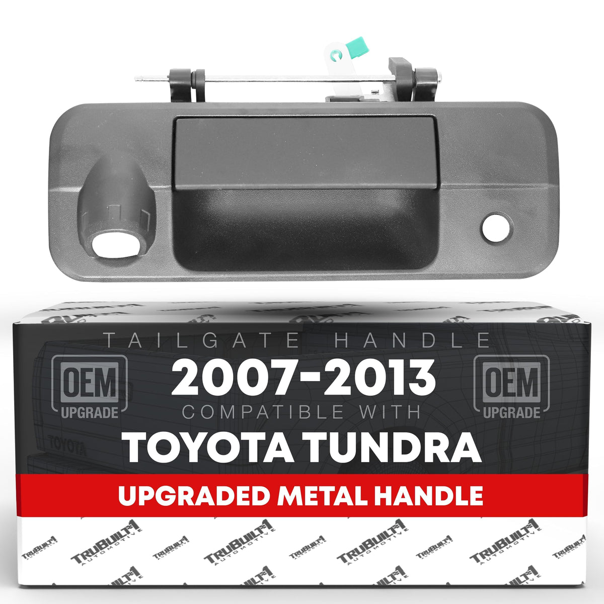 T1A front view of tailgate handle showing textured black finish and mounting points, durable replacement
