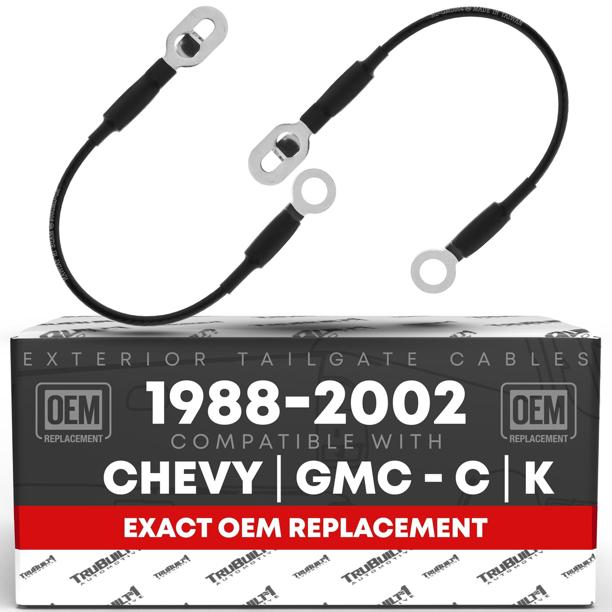 T1A tailgate support front packaging showing left and right straps and labels for quick identification and correct replacement