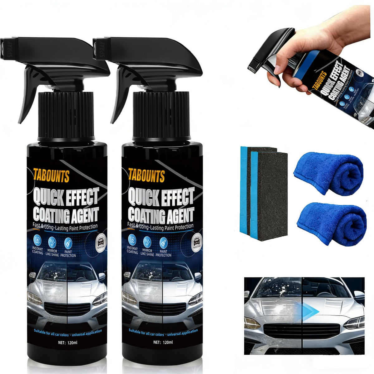TABOUNTS front packaging showing two bottles and quick application benefit