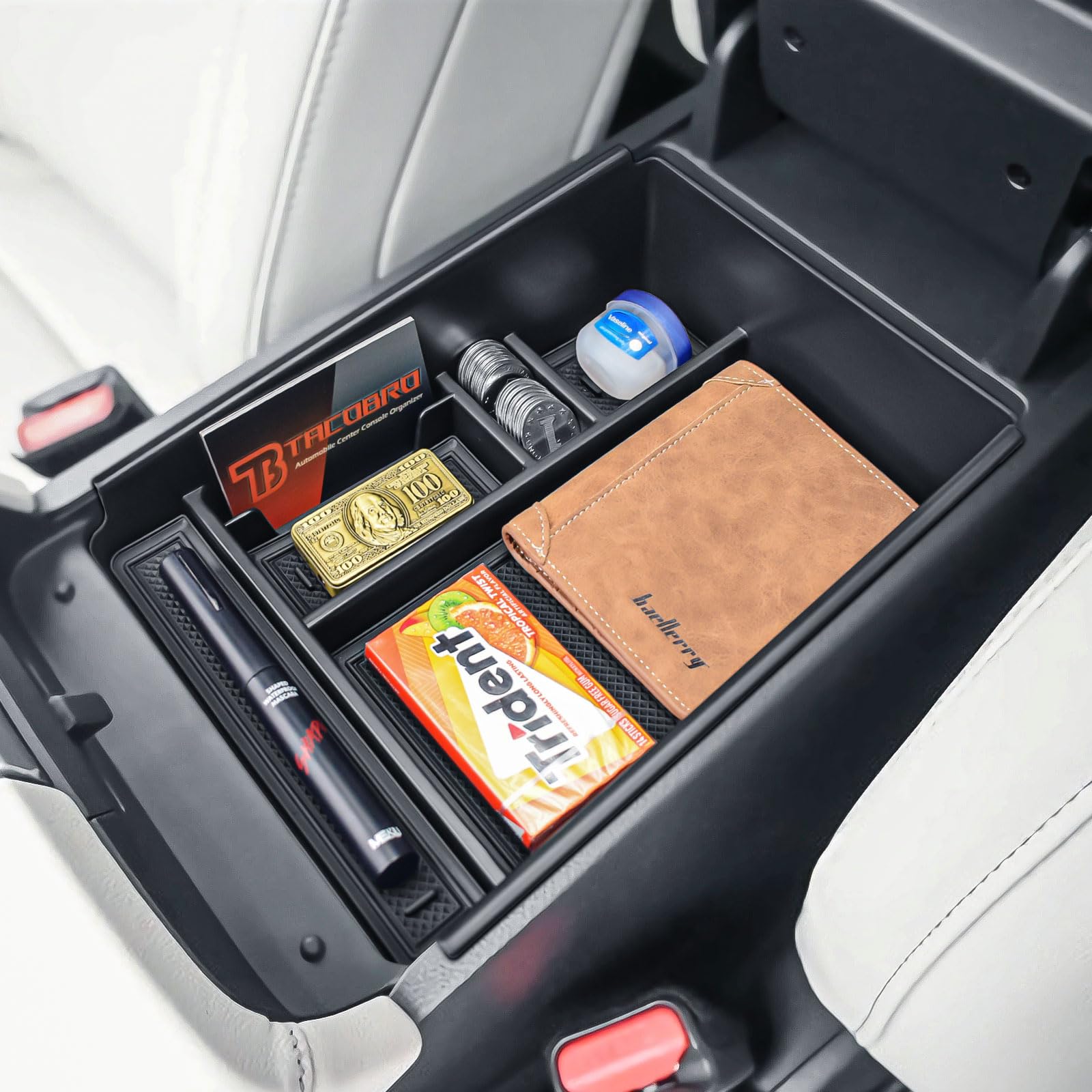 TACOBRO front view of center console tray showing neat compartments and tidy storage benefits