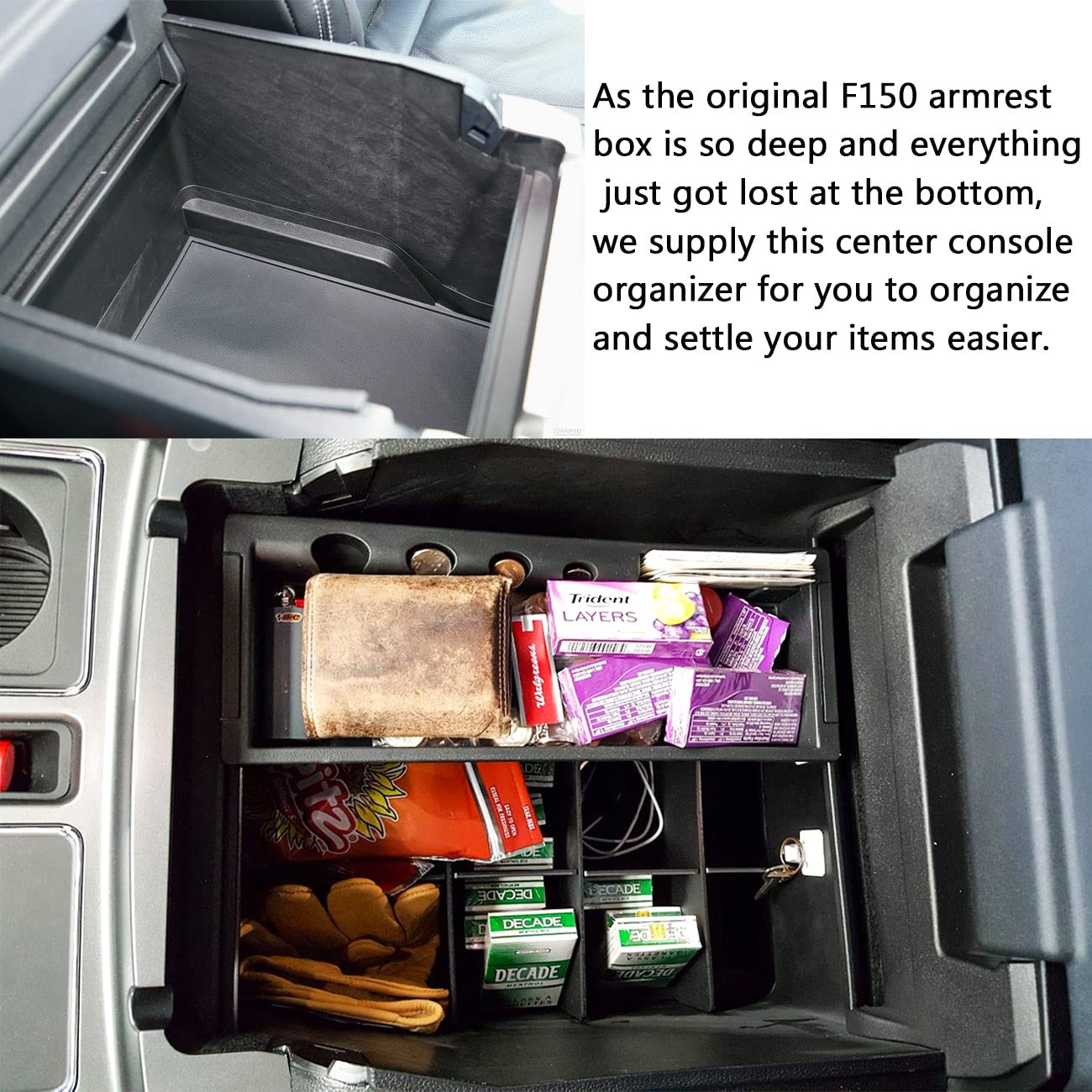 TACOBRO divider fitted inside F150 console demonstrating snug, rattle-free fit