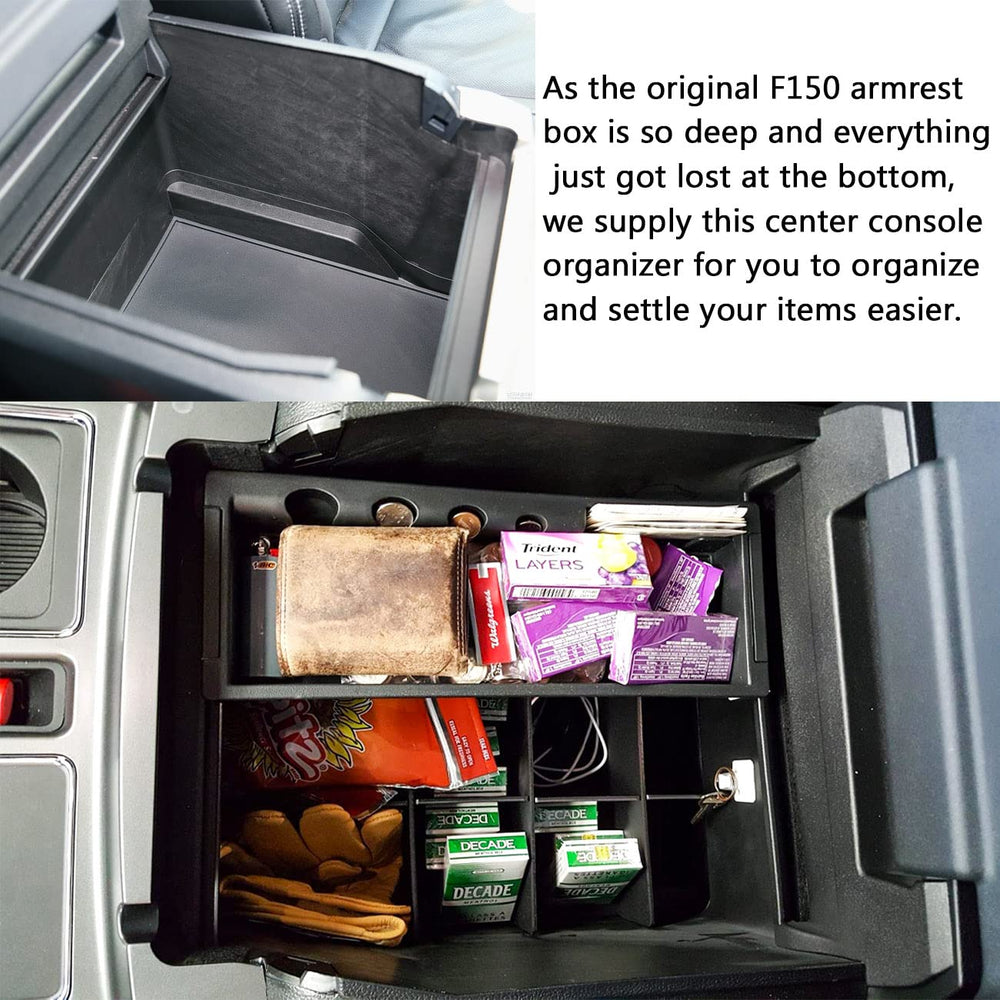 TACOBRO divider fitted inside F150 console demonstrating snug, rattle-free fit