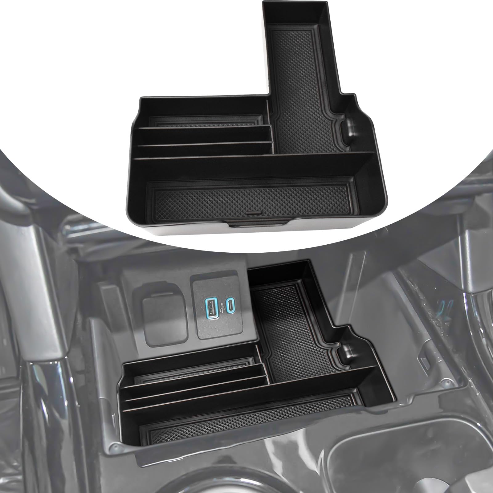 TACOBRO front view of center console tray showing neat organization benefit