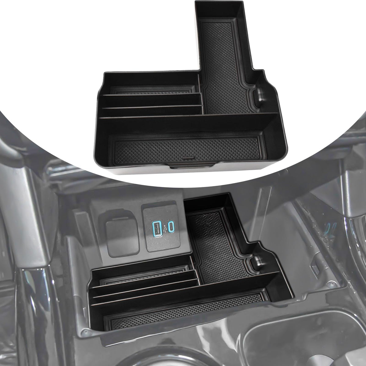 TACOBRO front view of center console tray showing neat organization benefit