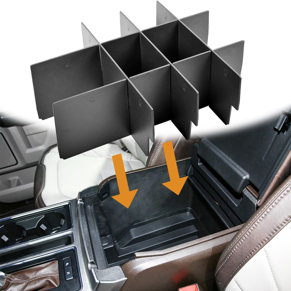 TACOBRO front view of console organizer showing tidy compartments and easy access