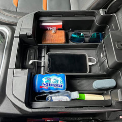 TACOBRO front view of console organizer showing clean upper shelf and fit
