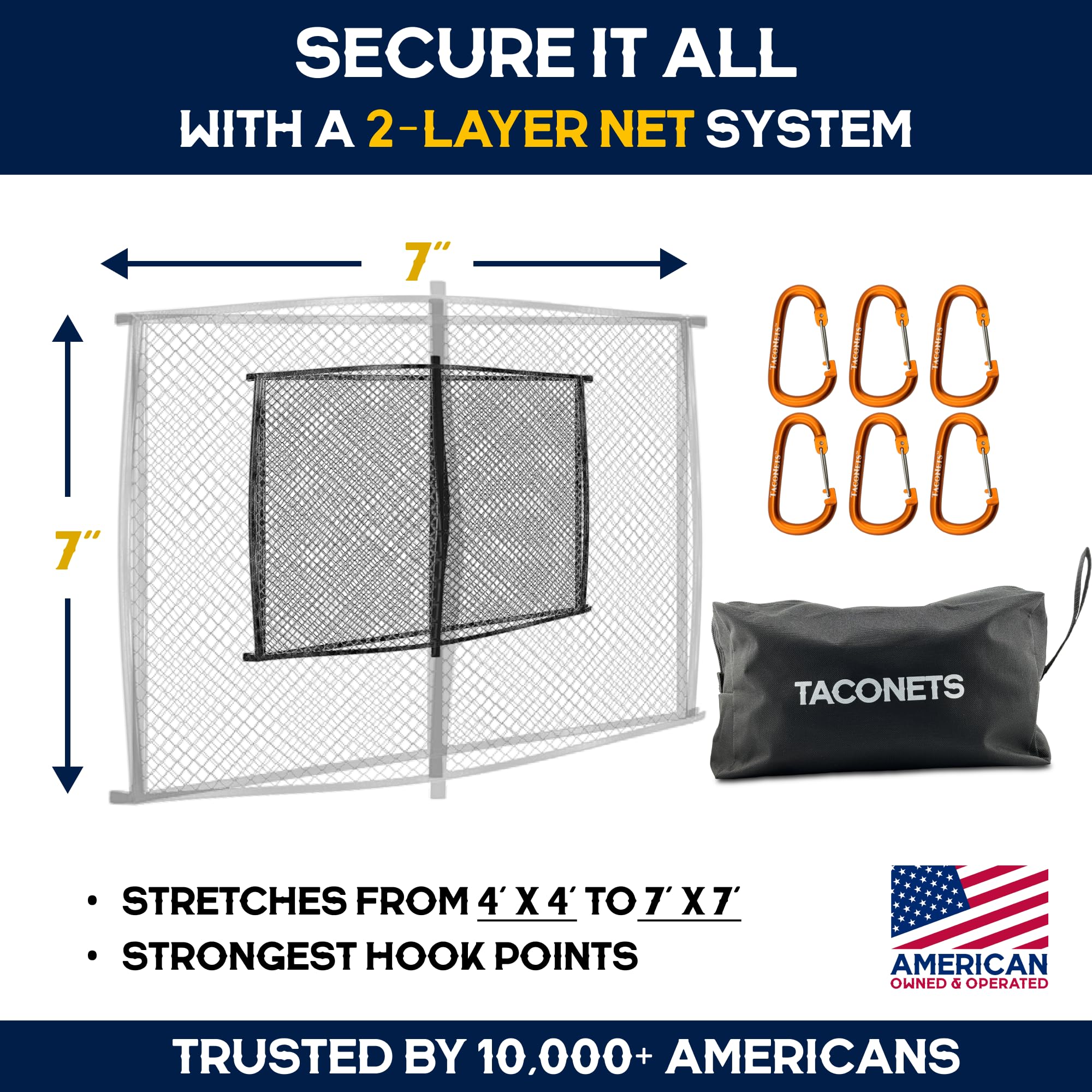 TacoNets oversized locking carabiner detail highlighting secure attachment and anti-release benefit
