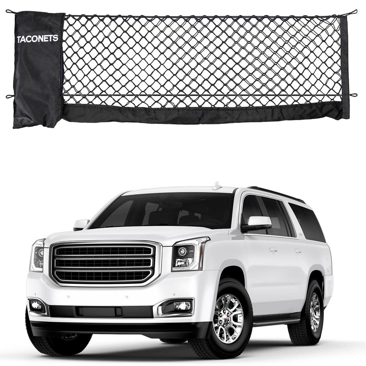 TacoNets front view installed in SUV cargo area showing organized storage and quick access